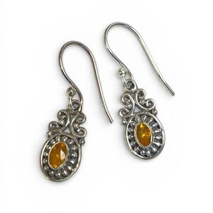Vintage Silver Amber Drop Earrings Gift-Ready Scrollwork Design